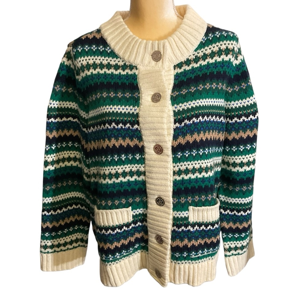 Talbots Fair Isle style green/cream/blue/tan striped Cardigan. 1X. NWT
